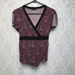 AB Studio Wrap Top Women L Pink Black Y2K Abstract Print V-Neck Tie Back Blouse